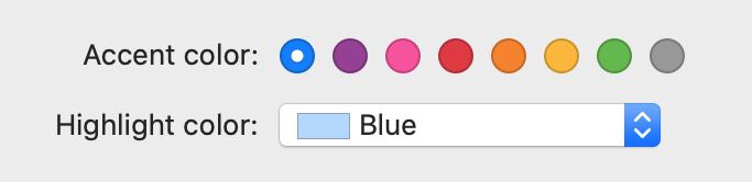 macOS General Settings Panel - Highlight Color dropdown